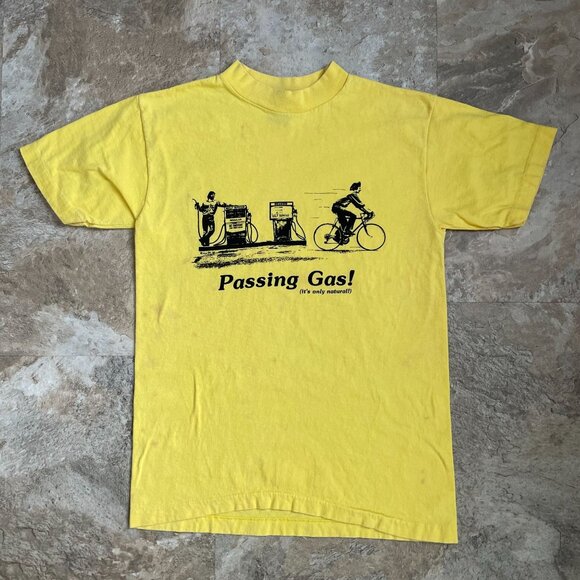 70s Vintage Cycling Graphic Tee Mens Small Passing Gas Funny Saying Short Sleeve - Picture 1 of 10